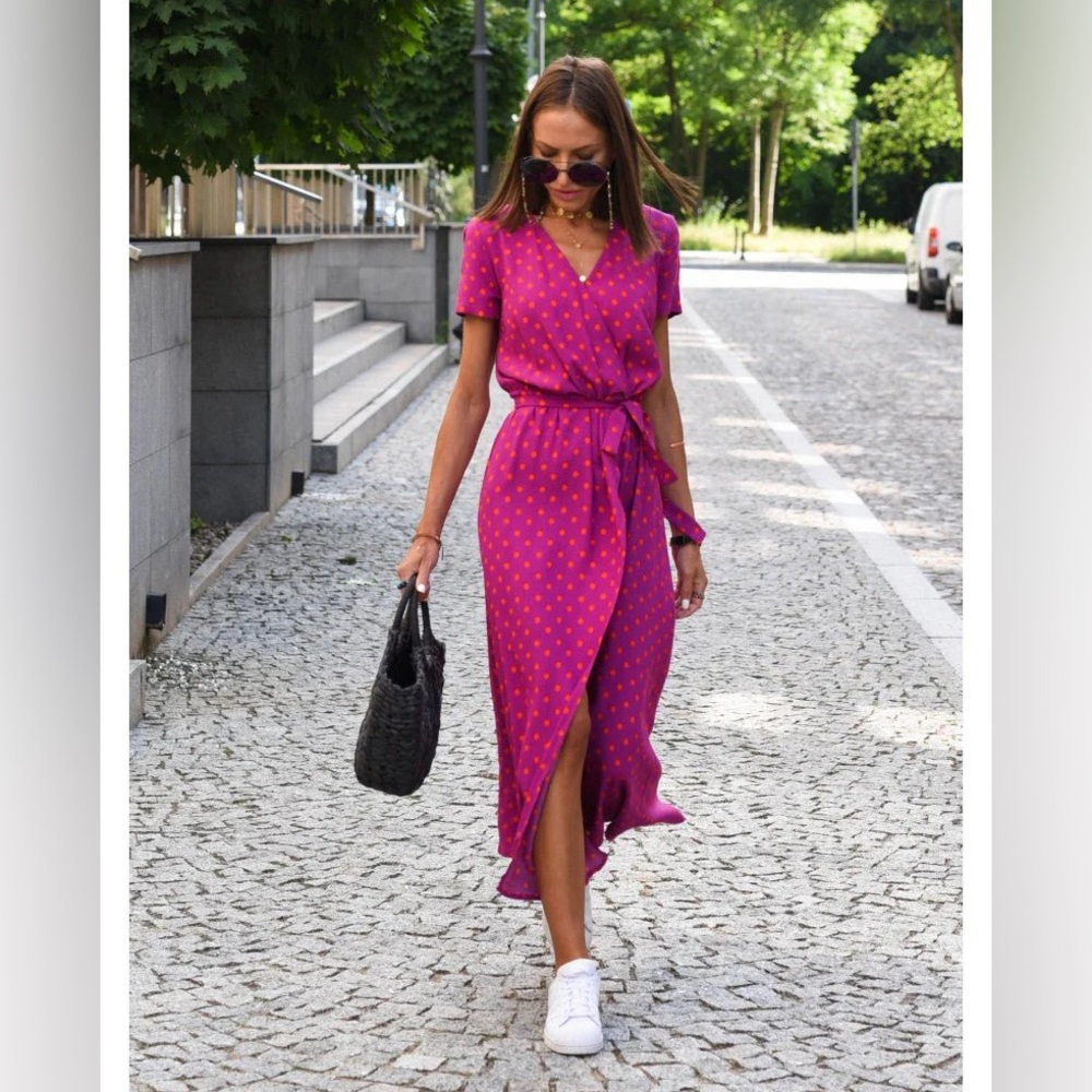 NEW - Pink and Red Polka Dot Midi Wrap Dress - brand new, never worn